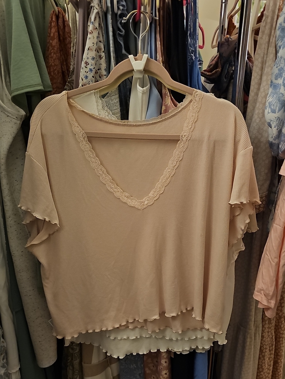 Women’s V-Neck Lace Trim Layered Short-Sleeve Top - Rosy Pink
